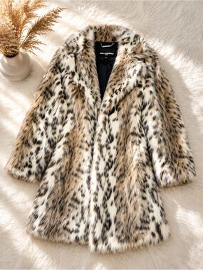 Karl Lagerfeld Animal-Print Faux Fur Coat in Cream and Brown